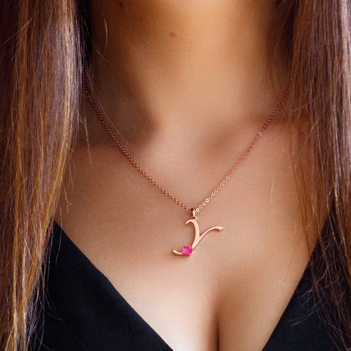 Thesoftcheek Jewelry - Wholesale Pendant/Charm Necklace - Initial Letter Necklace Silver Rose Gold Vermeil- Pink Topaz24