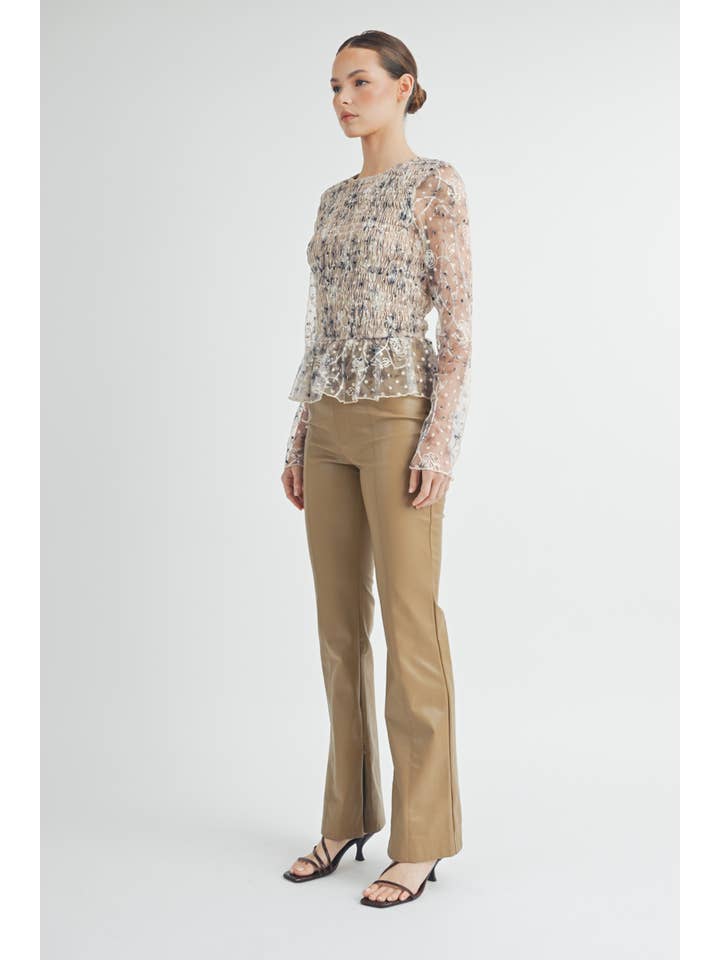 cream Sheer Smocked Embroidered Mesh Peplum Top for wholesale on Faire4