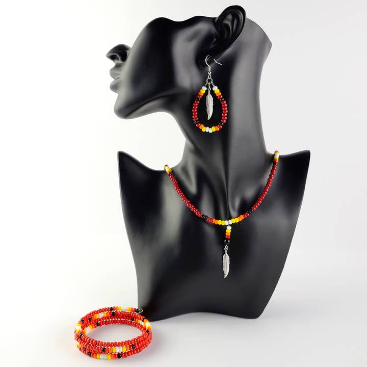 Red Beaded Necklace with Feather for wholesale by Monague Indigenous Crafts & Gifts