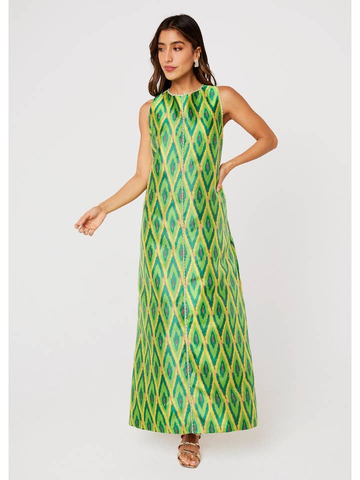 Green Hannah Dress Lime Ikat Jacquard for wholesale on Faire