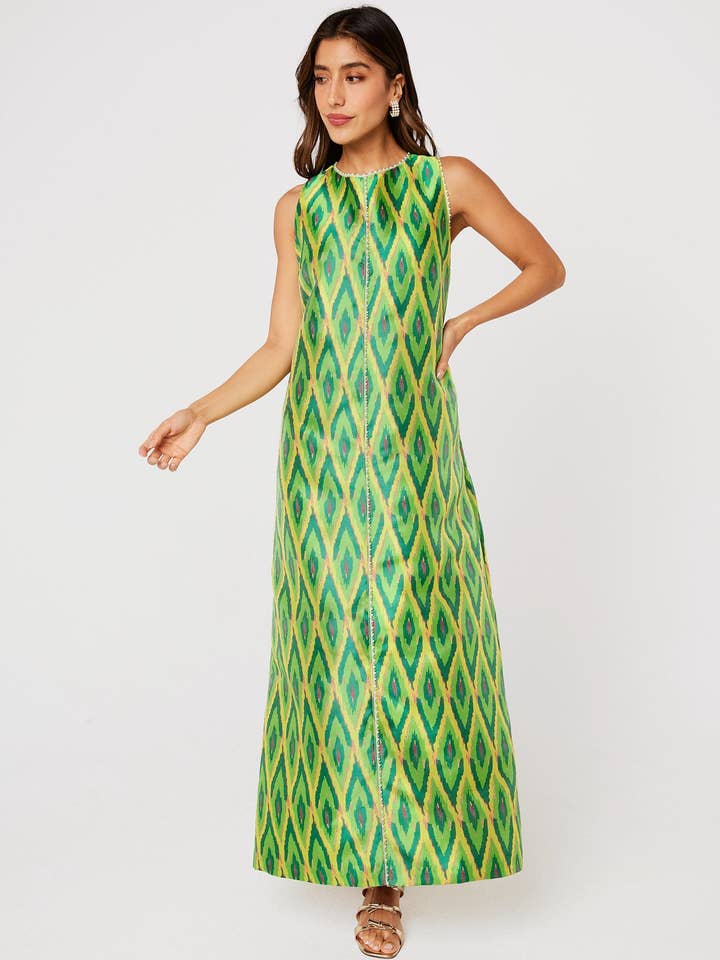 Hannah Dress Lime Ikat Jacquard for wholesale by Abbey Glass
