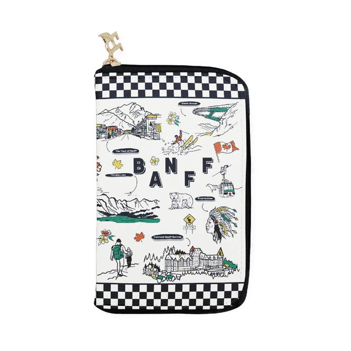 Collection de portefeuilles zippés moyens Banff Alberta – Design souvenir de voyage illustré pour la vente par Northern Icons Canada