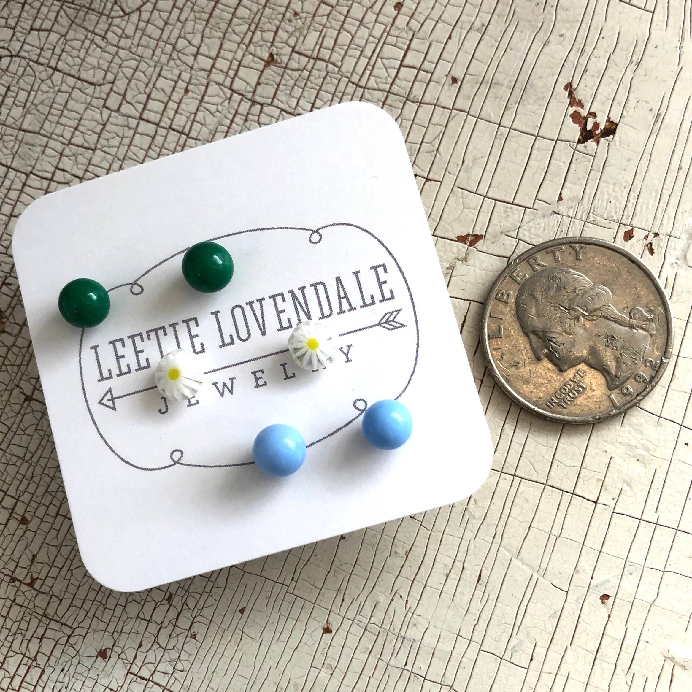 Leetie Lovendale - Wholesale Jewelry Set - White Daisy Green & Turquoise Tiny Studs Set5