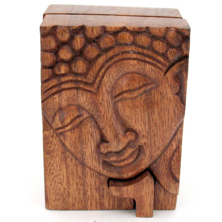 Hand Carved Wood Happy Buddha Puzzle Box for wholesale by Modern Eastern by Contrast Inc.