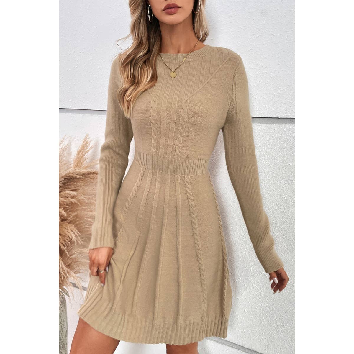 khaki Knit Cross Strip Self Fit Solid Sweater Dress for wholesale on Faire0
