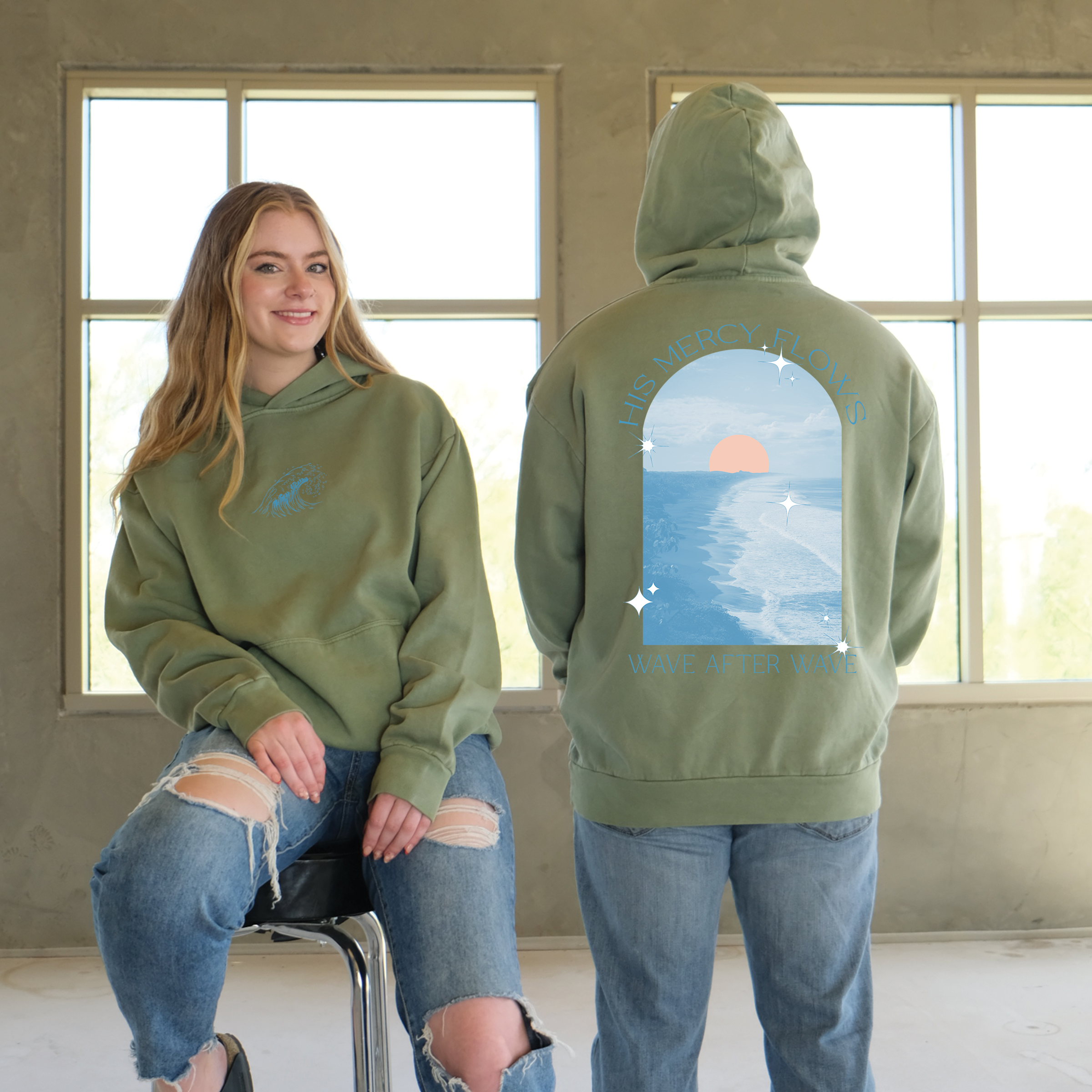 His Mercy Flows Wave After Wave Pullover Hoodie - Oil Green for wholesale on Faire1