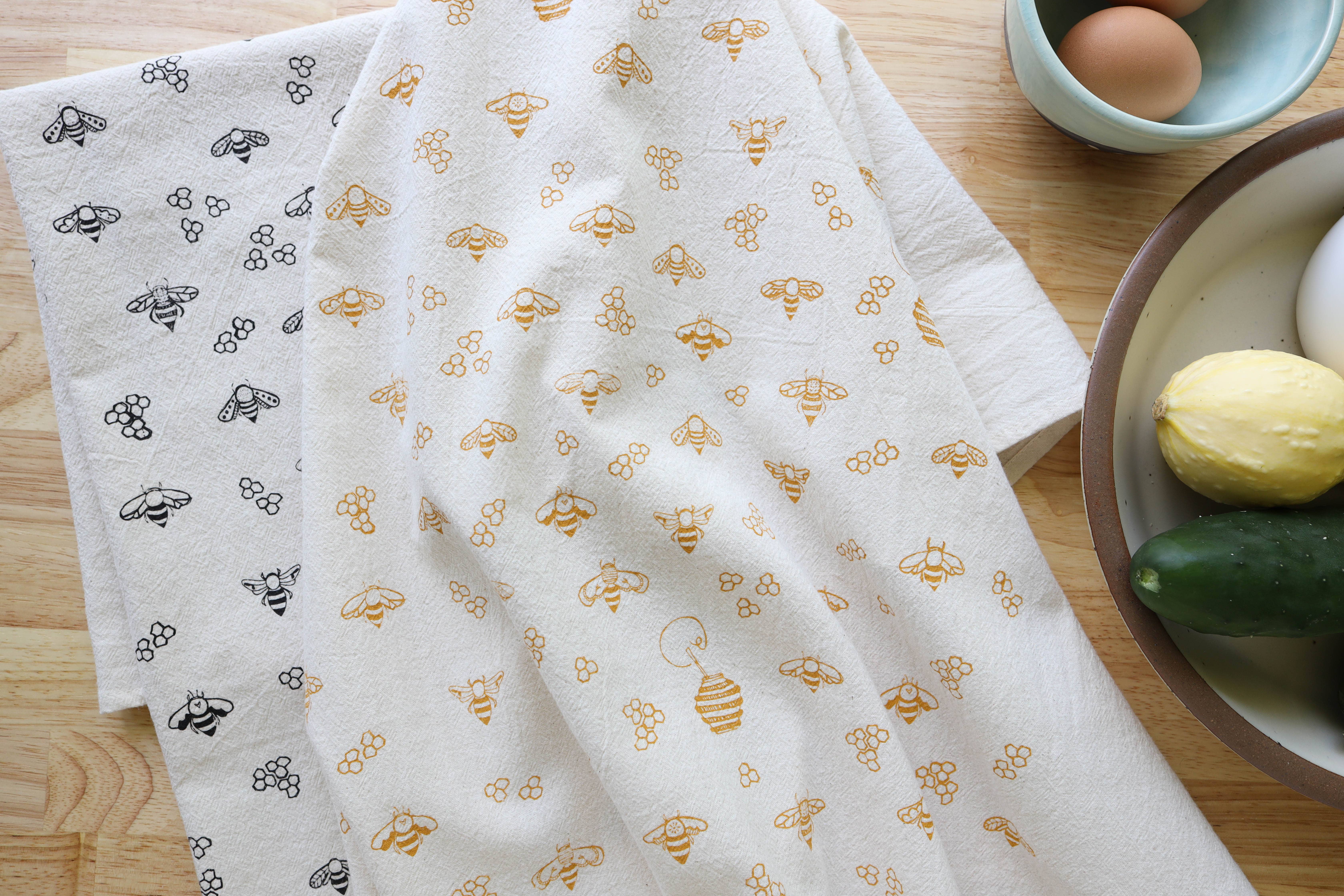 The High Fiber - Wholesale Tea Towel - Bee Kitchen Towel, Handprinted Nature Inspired Tea Towel1