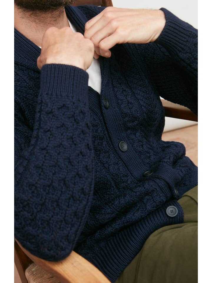 Paul James Knitwear - Wholesale Cardigan - Men's - Mens Chunky Merino Wool Shawl Collar Cable Cardigan9