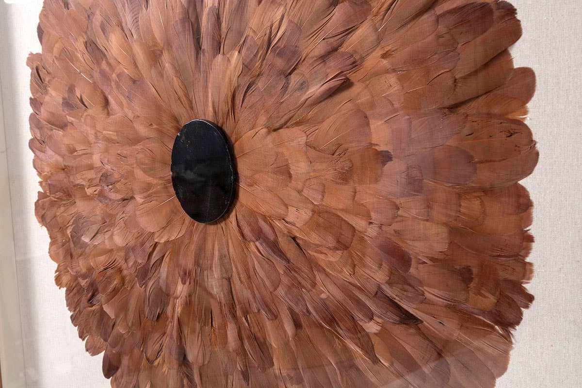 Gdeco - Venta al por mayor Marcos de fotos - Cuadro Vitrina 100*100 Cm, Marco Roble Y Plumas Coral Con Piedra Cristal.3