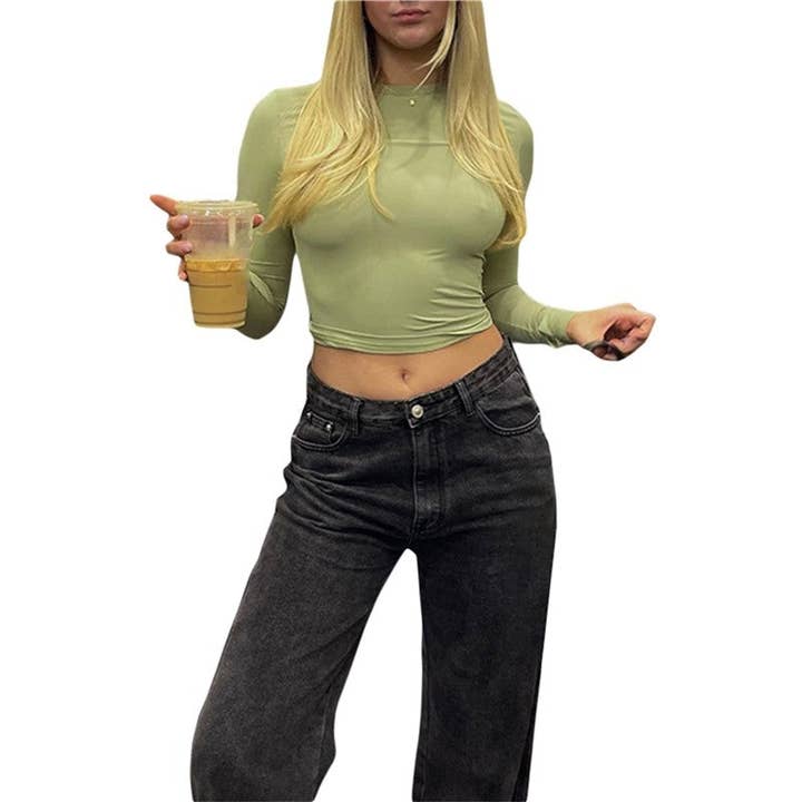 Sheer Trend - Wholesale T-Shirt - Women's - Solid Color Casual Long Sleeved Slim Fit T-Shirt9