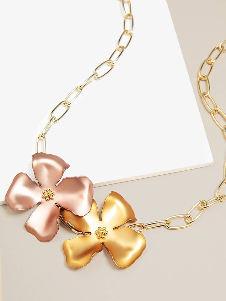Metallic Hand Painted Flower Chain Collar Necklace for wholesale by ZENZII Jewelry