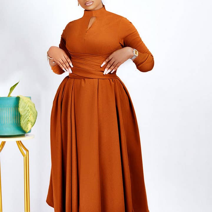 ACCITY - Wholesale Dress - Women's - FASHIONABLE PLEATED PLUS SIZE SWING SKIRT DRESS_CWDMD3665