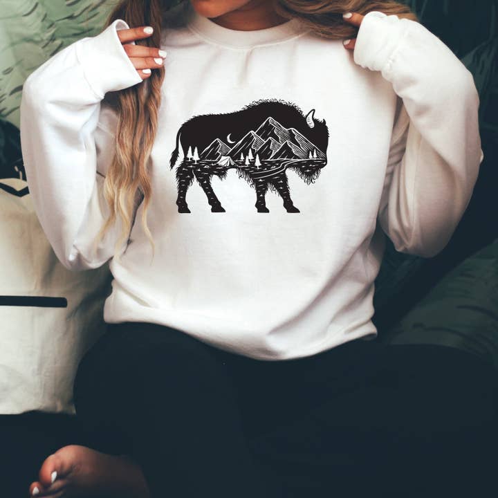 Mountain Buffalo White Crewneck Sweatshirt for wholesale by Living My Best Life in Wyoming