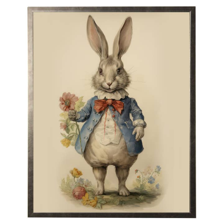 Bunny with flowers on distressed background for wholesale by Antique Curiosities Inc