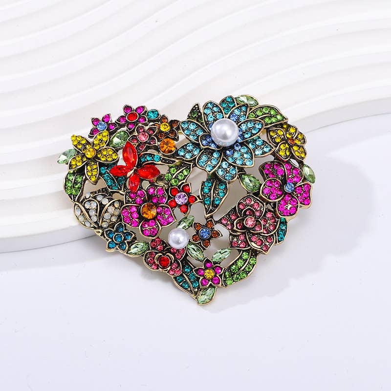 Heart Vintage Colorful Rhinestone Floral Brooch for wholesale on Faire0