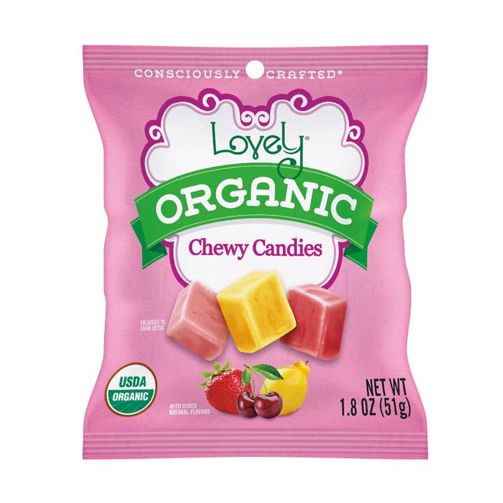 Organic Chewy Candies 1.8oz Single Serve Bags - 24 Pack for wholesale by Lovely Candy Company