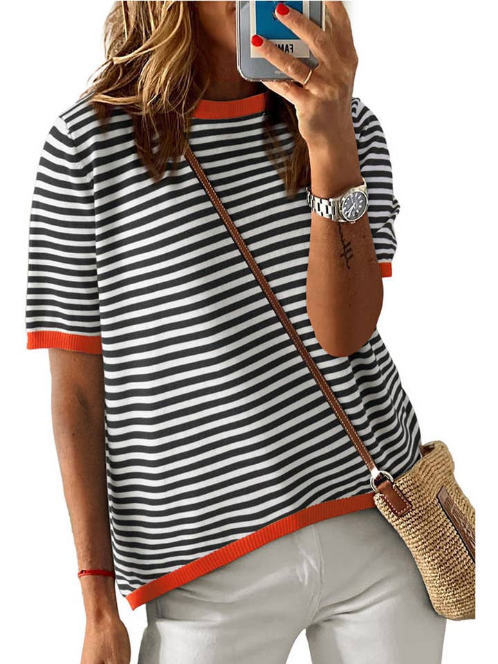 Women's Crew Neck Striped Contrast Short Sleeve Casual Sweater for wholesale by Lovesoft