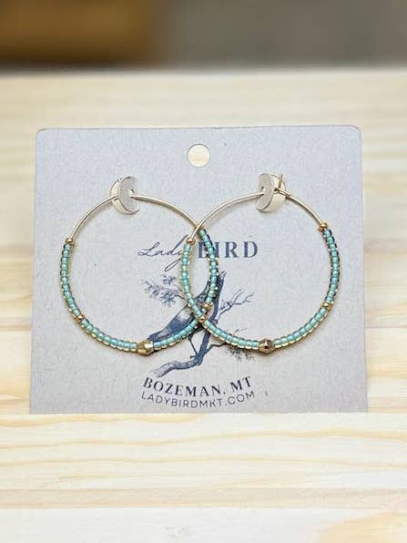 Frosted Green and Gold Boho Seed Beaded Hoop Earrings for wholesale by Lady Bird Market