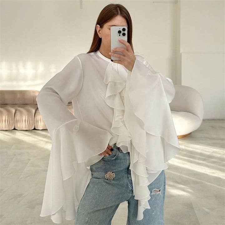 Sheer Trend - Wholesale Blouse - Women's - Round Neck Bell Sleeve Ruffle Trim Women's Blouse8