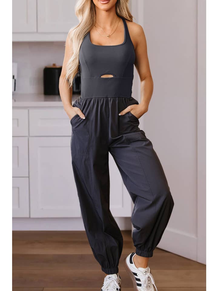 Carbon Grey LDC Back Crossed Straps Hollow Out Jogger Jumpsuit for wholesale on Faire