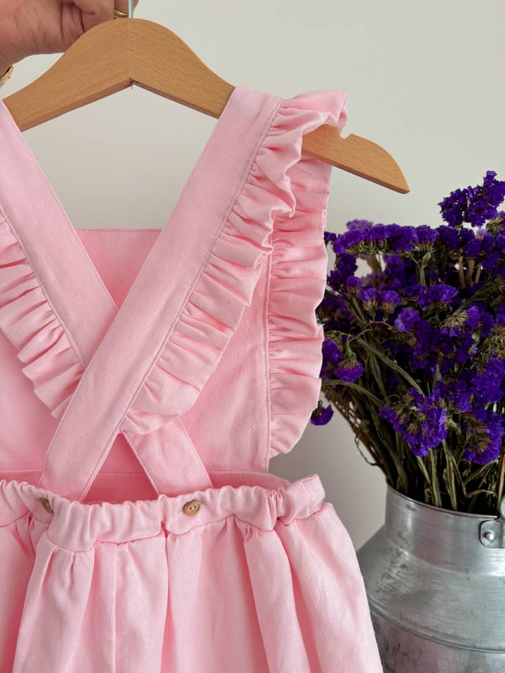 Maria Jasmim Baby & Child - Wholesale Dress Set - Baby - Pink Linen Pinafore Dress1