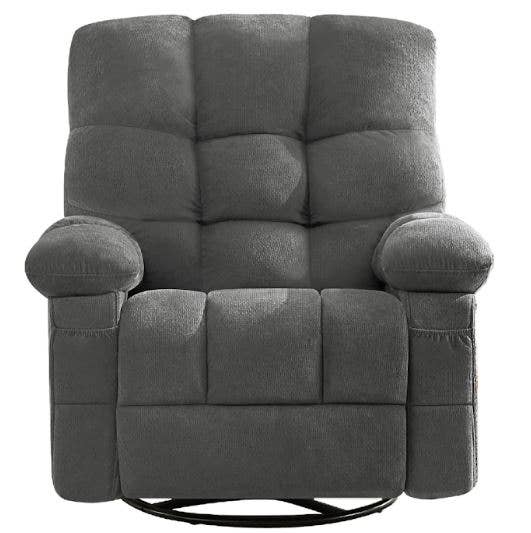 HomeRoots - Wholesale Chair - 39" Gray Tufted Chenille Heated Massage Swivel Rocker Recliner With USB2