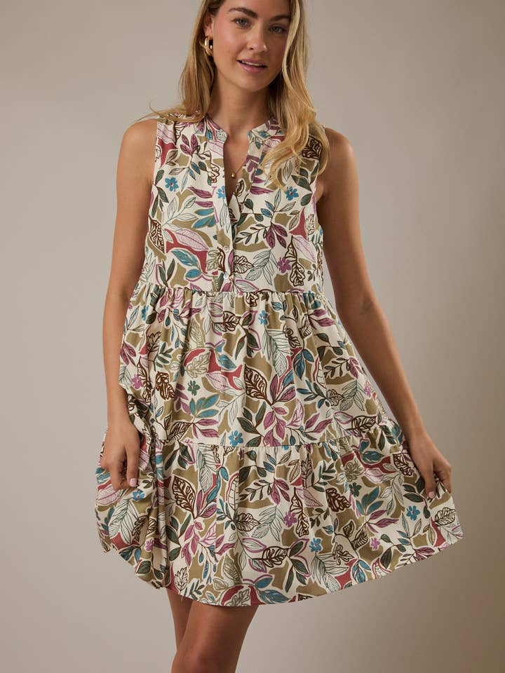 SLEEVELESS BUTTON DOWN SHIRRING FLORAL PRINT DRESS for wholesale by GILLI