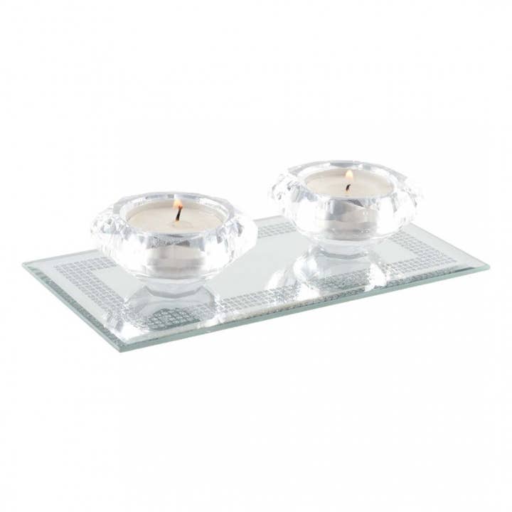 Double candlestick holder in crystal with silver mirror rectangle base for wholesale by AULICA