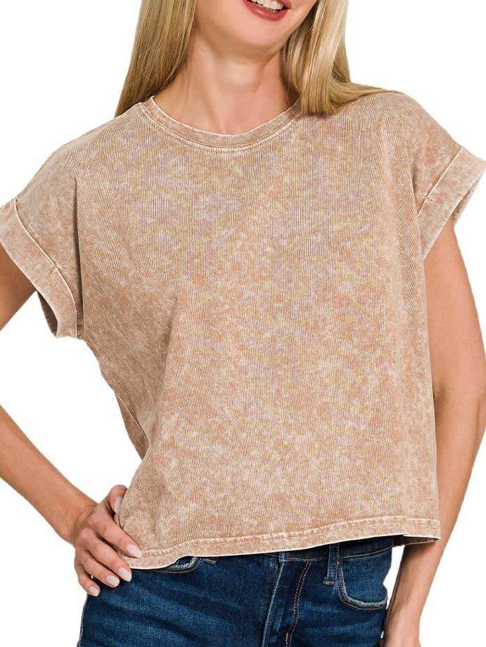 Halo Washed Cotton Cuffed Short Sleeve Top for wholesale by Vanilla Monkey