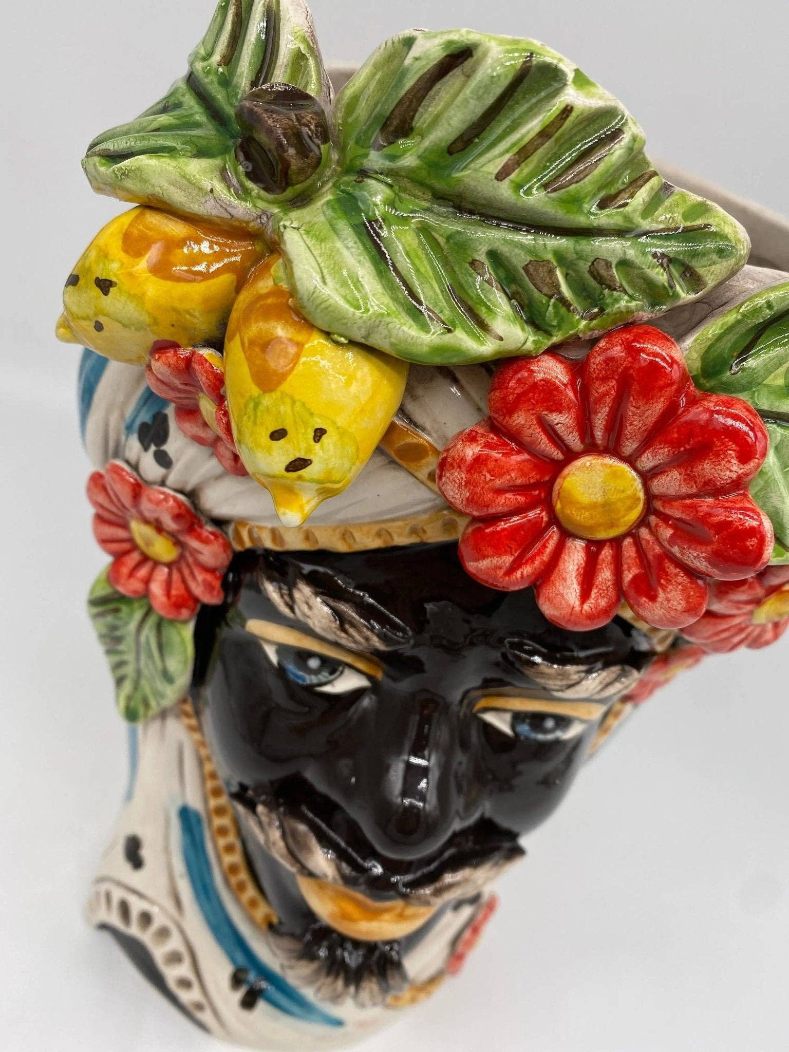 DD Ceramiche Siciliane - Wholesale Vase - Moorish Moor's Heads Caltagirone Ceramic cm H.28 L.19 Handmade Baroque Turban Flowers Lemons2