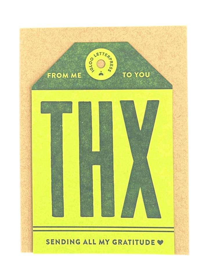 Green THX Tag Letterpress Card for wholesale by Igloo Letterpress