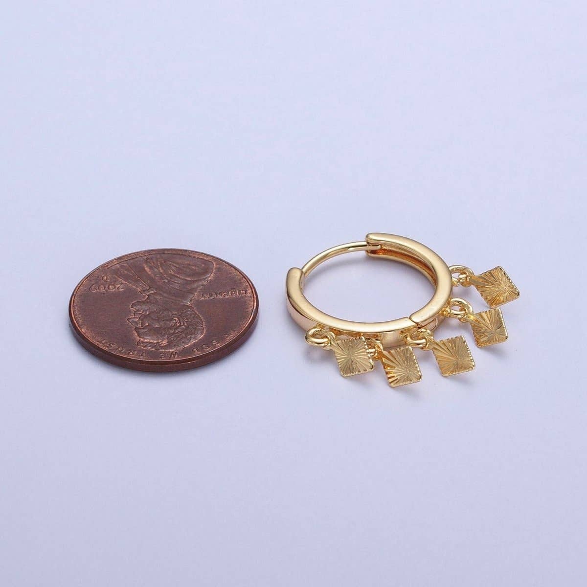 Aim Eternal - Wholesale Huggie Earrings - OS 24K Gold Filled Rhombus Textured Starburst Charm Dangle Drop Huggie Hoop Earrings T-1773