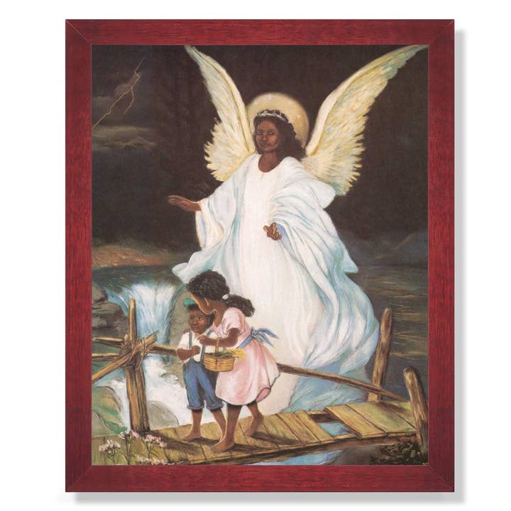 Guardian Angel with Children On Bridge African American Black Religious Art Print 16x20" Cherry Frame + Real Glass GREAT GIFT! for wholesale by Unlimited Potential LLC