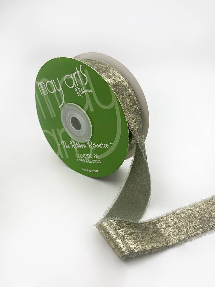 1" Silver Silky Velvet Metallic Ribbon with Fray Edge for wholesale by May Arts Ribbon