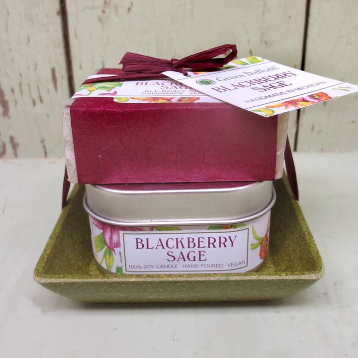 Green Daffodil Bath & Body - Wholesale Bath & Body Set - Blackberry Sage Candle & Soap Dish Kit - Gift Set
