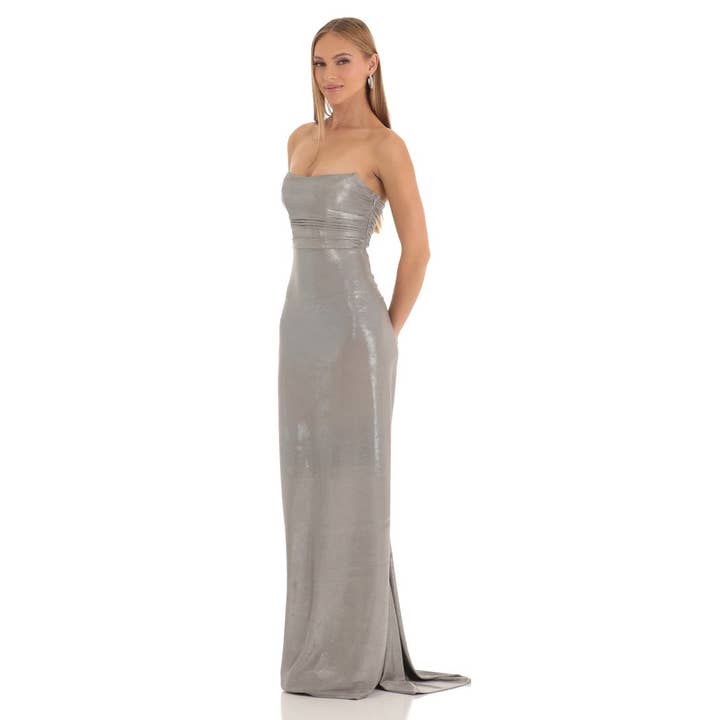 Lucy In The Sky - Wholesale Dress - Women's - Metallic Corset Maxi Dress in Silver