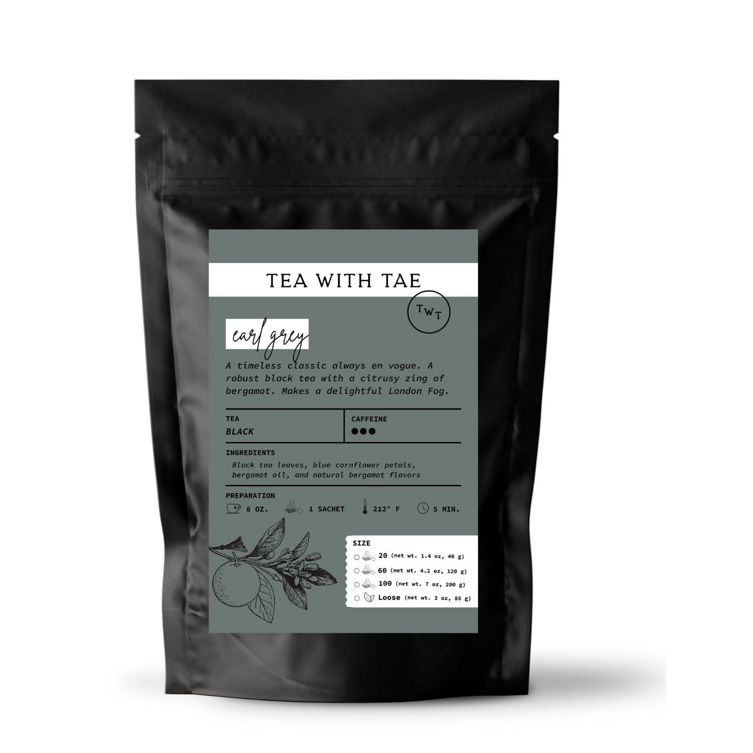 Tea with Tae - Wholesale Tea Bags - Earl Grey Black Tea Pouch (20, 60, or 100 tea bags)1