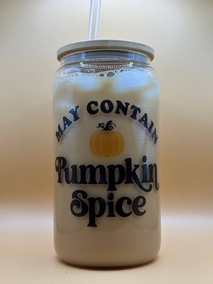 May Contain Pumpkin Spice Iced Coffee Glass for wholesale by Uproot Collective