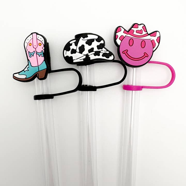 Vroom Blooms - Wholesale Drinking Straw - Straw Topper 3 pack - Smiley Cowboy, Cow Print Hat, Boot