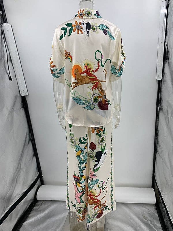 APRICOT Half Sleeves Loose Buttoned Flower Print Pockets Lapel T-Shirt Top + Drawstring Elasticity Pants Bottom Two Pieces Set for wholesale on Faire10