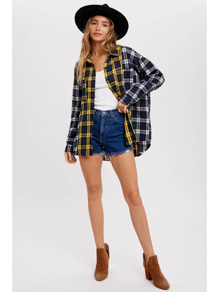 Bluivy - Wholesale Button Down Shirt - Women's - OVERSIZED COLOR BLOCK FLANNEL SHIRT
