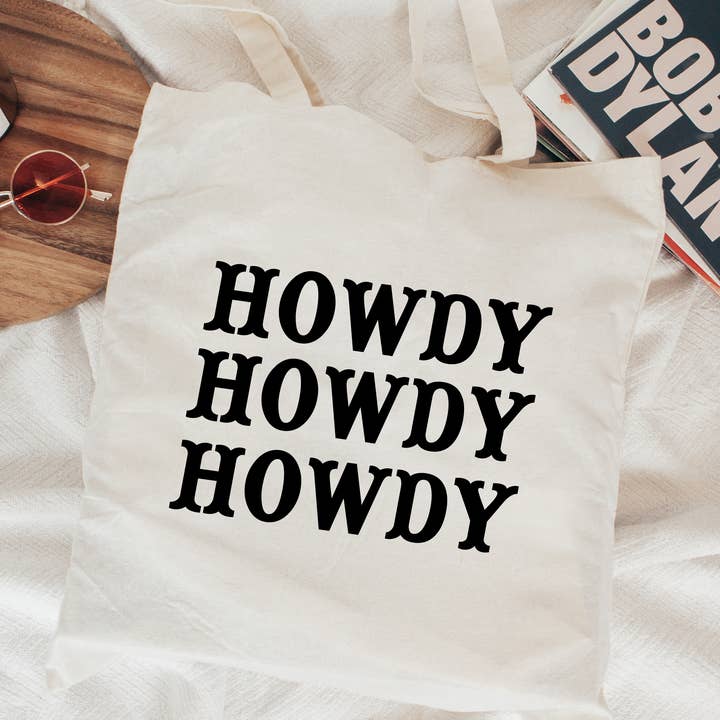 HOWDY HOWDY HOWDY Natural Canvas Tote Bag for wholesale by Three Girls Shop