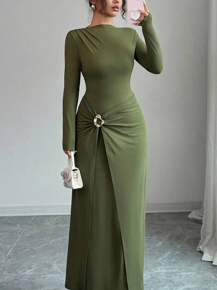 Vestido Comprido Elegante com Mangas Compridas e Franzido por atacado de Soli Echo