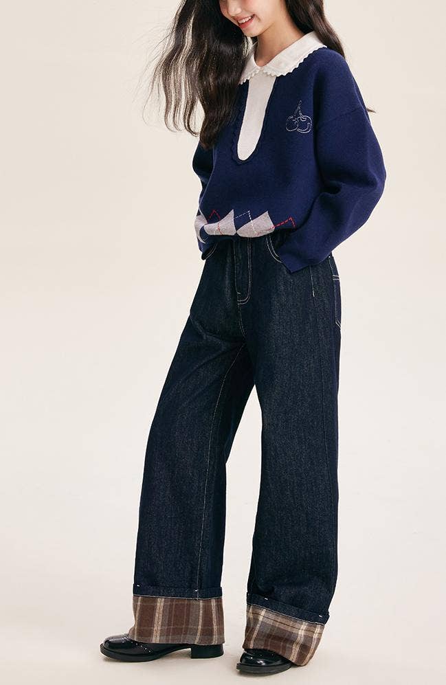 Blu Jeans a zampa casual a quadri per ragazze. in vendita all'ingrosso su Faire10