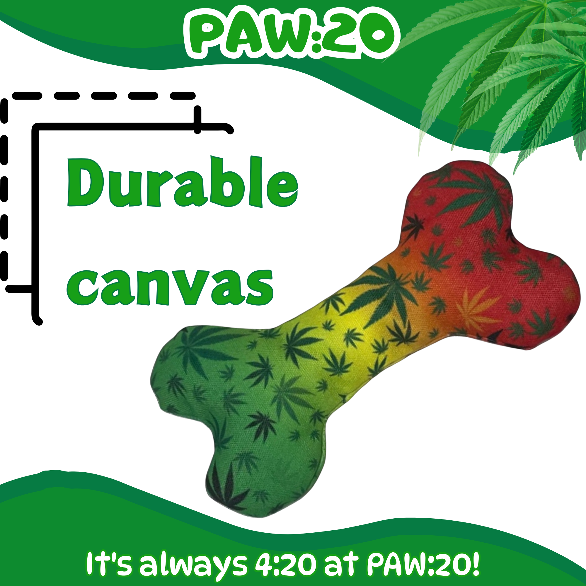 PAW:20 - Wholesale Pet Squeaky Toy - Dog - Stoned to da Bone, Rasta Weed Leaf Patten, 420 Bone Dog Toy3