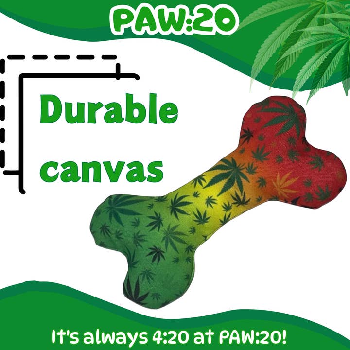 PAW:20 - Wholesale Pet Squeaky Toy - Dog - Stoned to da Bone, Rasta Weed Leaf Patten, 420 Bone Dog Toy3