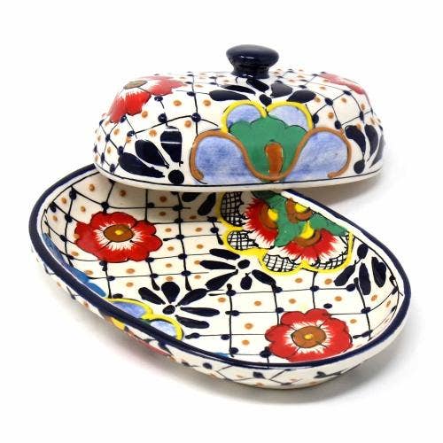 Global Crafts - Wholesale Butter Dish - Encantada Handmade Pottery Butter Dish, Dots & Flowers