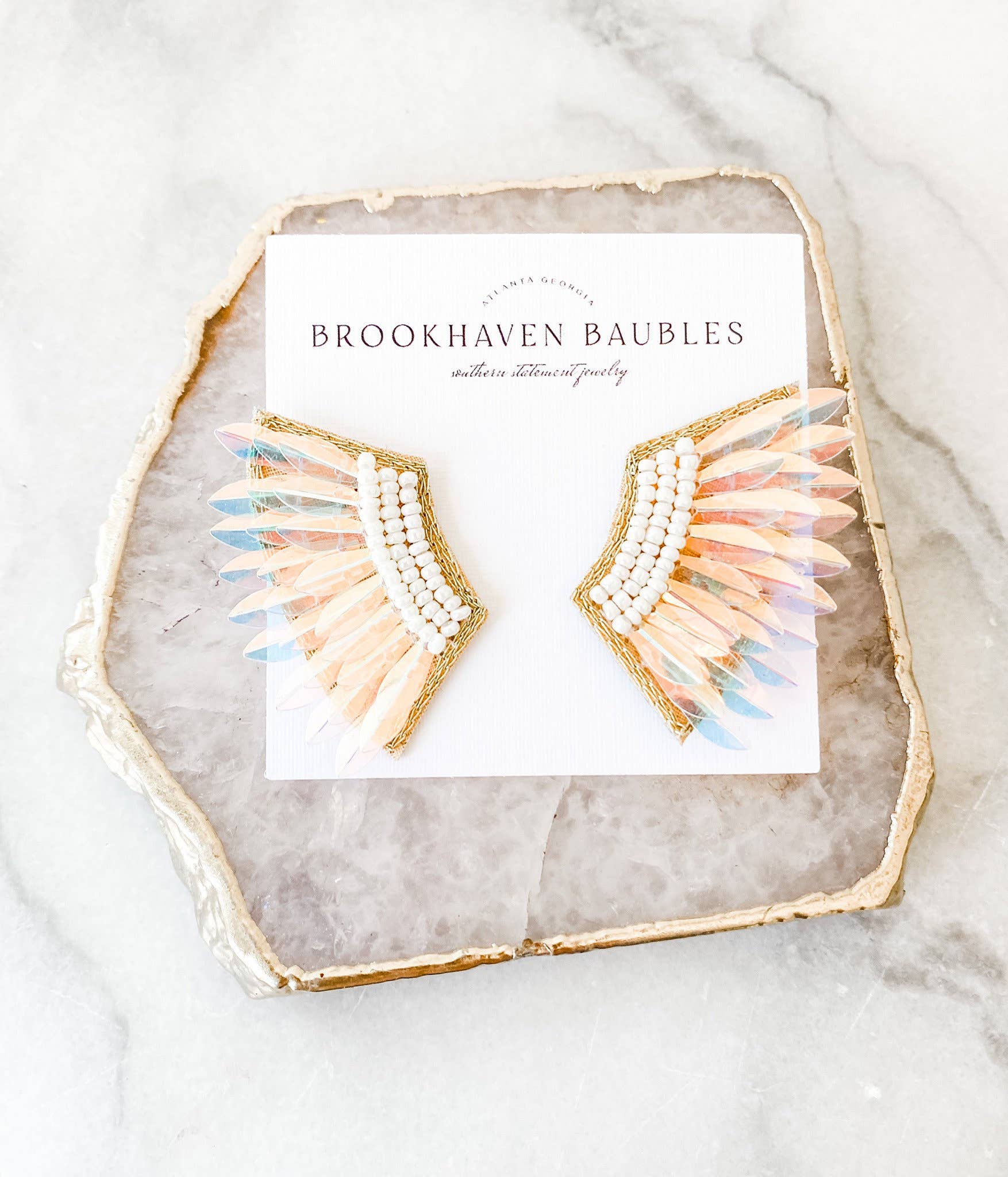 Iridescent Sequin Wing Beaded Statement Earrings for wholesale by Brookhaven Baubles