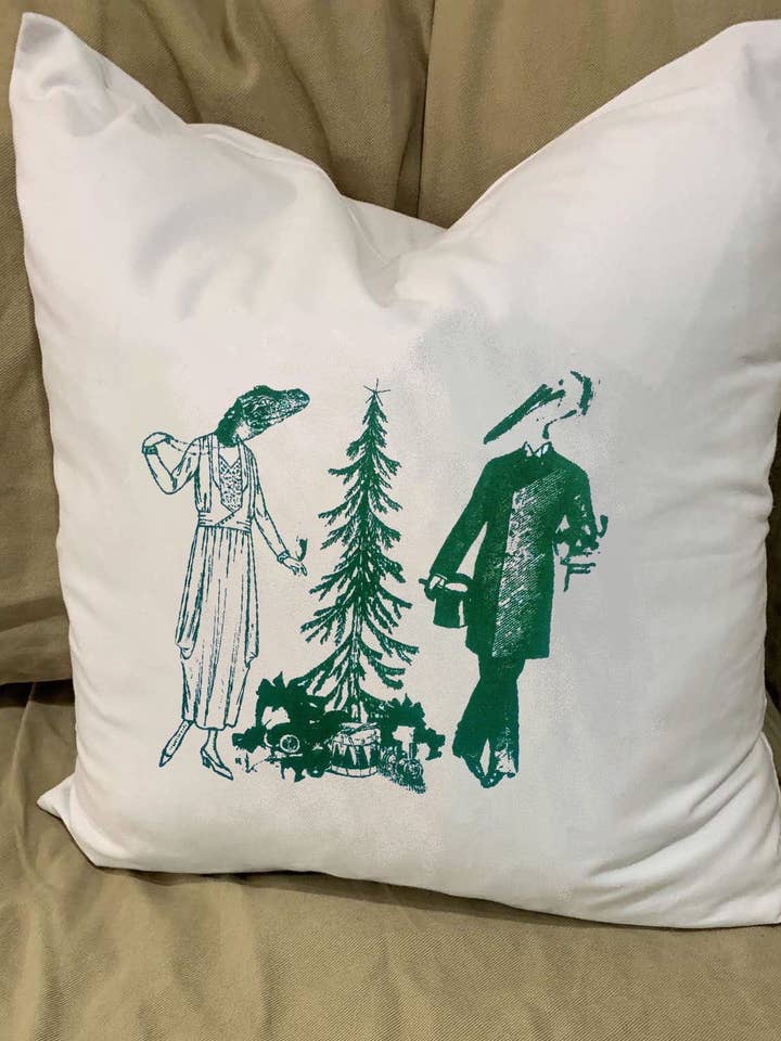 Alligator And Pelican Do Christmas Pillow With Feather for wholesale by Monique Perry Art