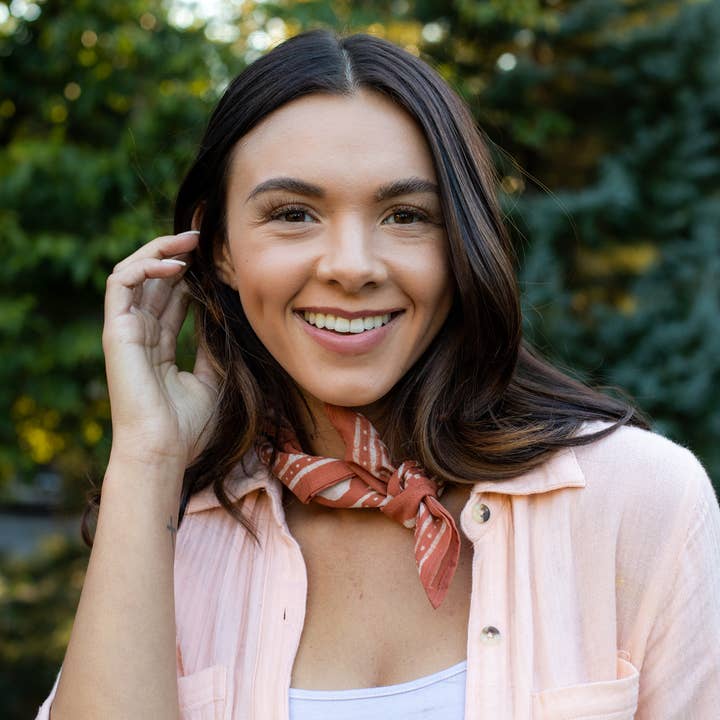 Anju Jewelry - Wholesale Bandana - Women's - Block Printed Bandana - Burnt Orange Tile Grid Print